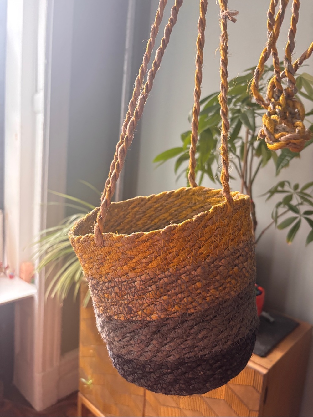Two-Tone Yellow and Blue Jute Hanging Planter - Boho Home Accent
